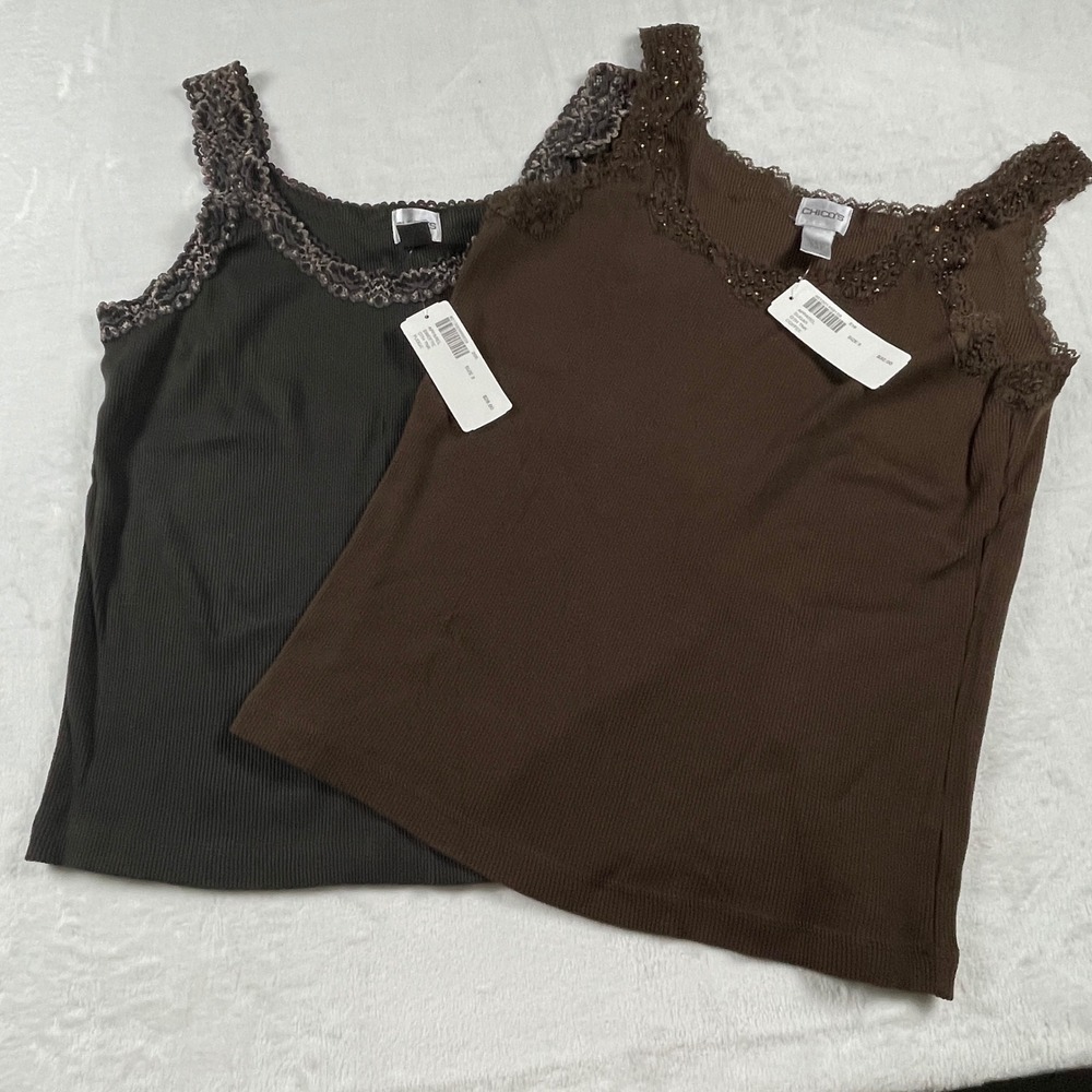 Chicos 2 Pack Lace Trim Ribbed Tank Tops Size 3 Brown Coffee Fudge NWT